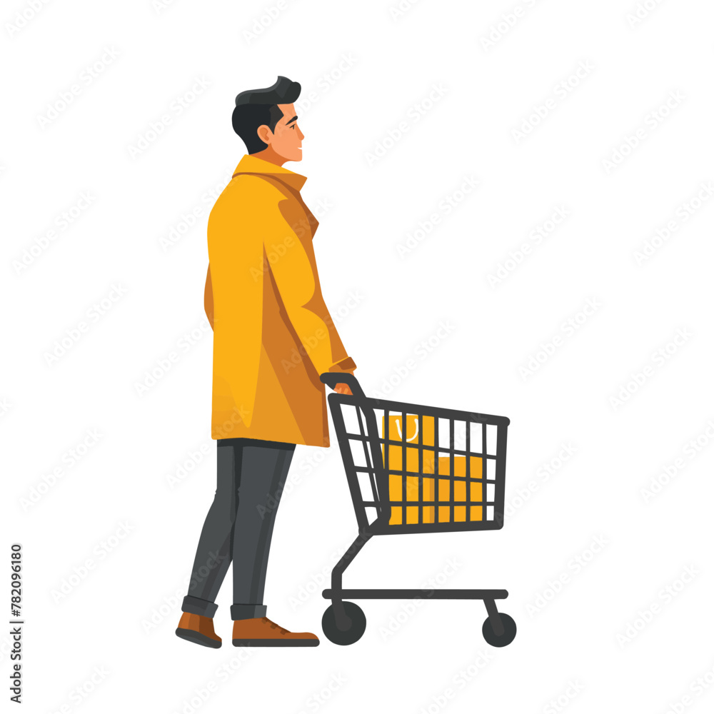 Man with shopping cart, shopping, flat illustration isolated on white background, concept Man with shopping cart, shopping, flat illustration isolated on white background, concept