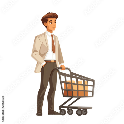 Man with shopping cart, shopping, flat illustration isolated on white background, concept