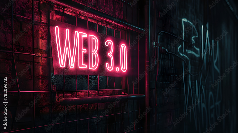 front facing neon sign says WEB 3.0 on dark black wall background in a dark corridor, futuristic view, symbol of the future of the Internet, abstract expressionism technology background