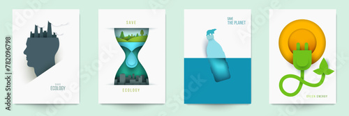 Set of ecological banner, cover, poster, card in modern creative paper cut style. Concept design of save nature, green technology, renewable energy, climate environment. Vector illustration.