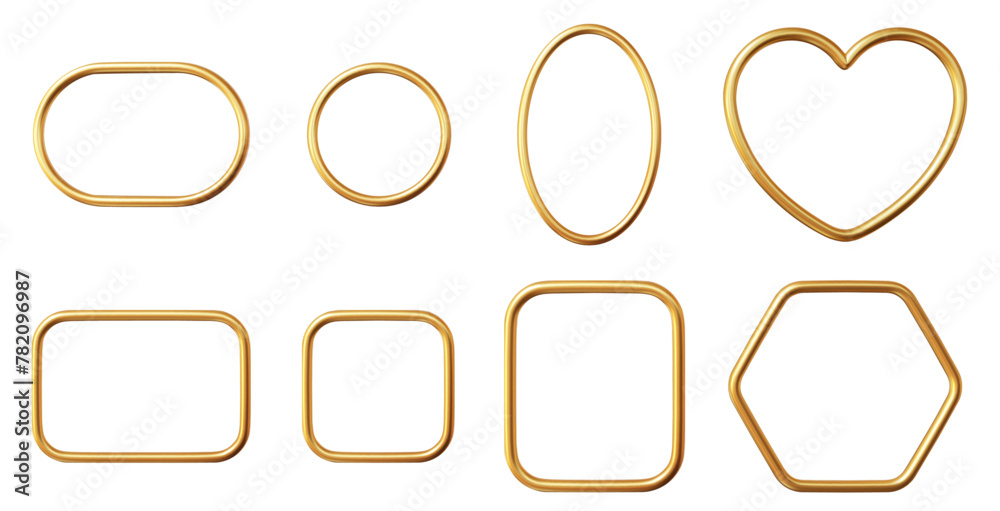 3d gold frames set of geometric shapes: circle, oval, rectangle, square, heart, hexagon. Realistic shiny golden border collection. Stock vector illustration on isolated background. 3d gold frames set of geometric shapes: circle, oval, rectangle, square, heart, hexagon. Realistic shiny golden border collection. Stock vector illustration on isolated background.