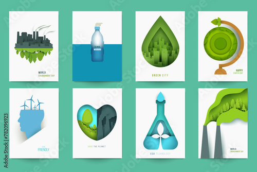 Set concept design of save nature ecology, climate, rewenable energy, recycle. Collection modern back grounds for cover, card, poster, banner in minimal paper cut style. Vector illustration.