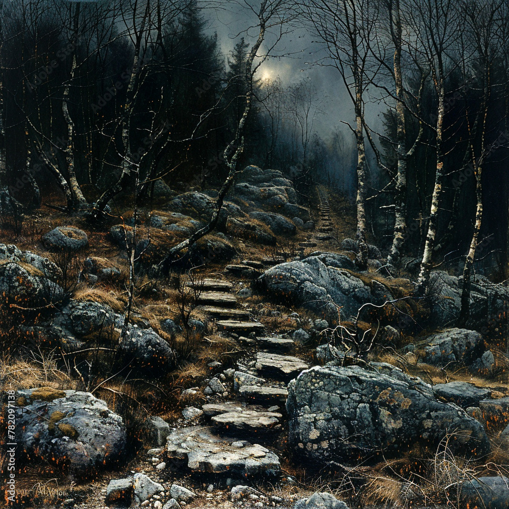 Fototapeta premium A dark and mysterious forest path illuminated by a single moonbeam