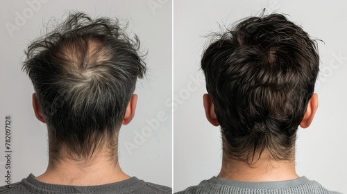 Back view of man head before and after hair care using hair serum photo