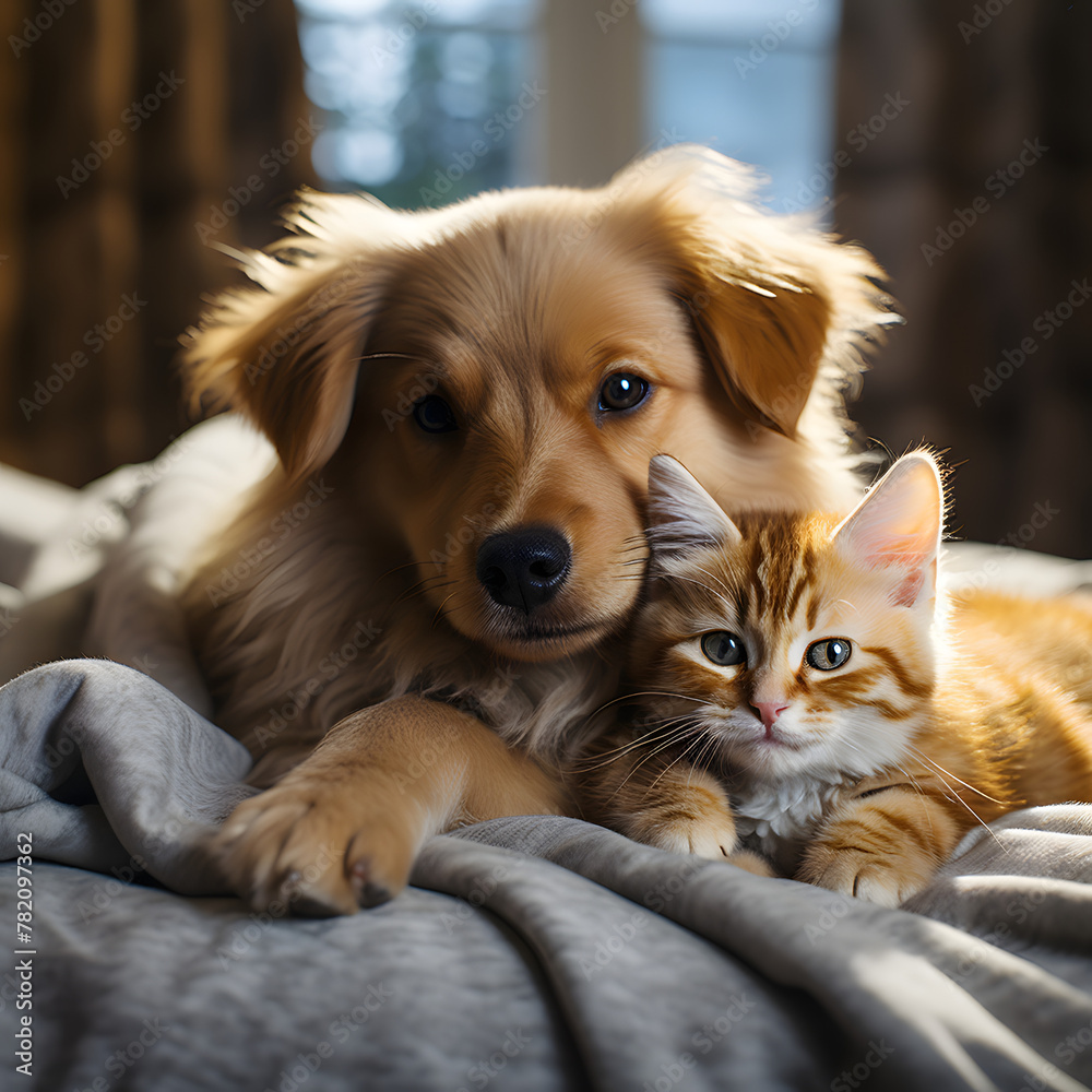 A dog and a cat are laying on a bed together