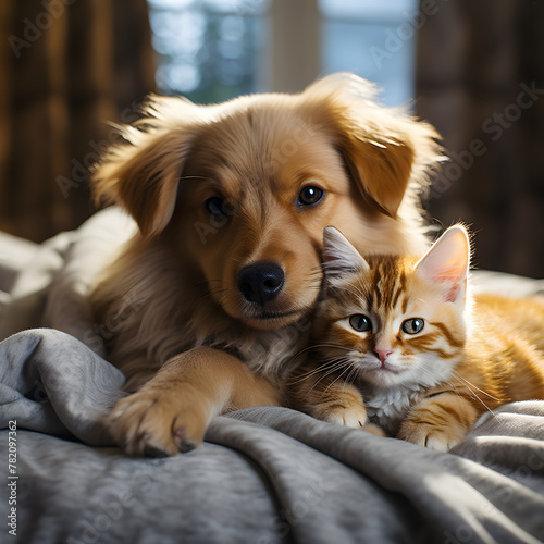 A dog and a cat are laying on a bed together