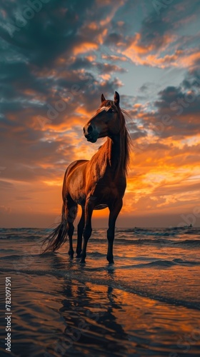 A horse stands immersed in the warm sunset light, with the gentle sea waves lapping at its feet. © Artsaba Family