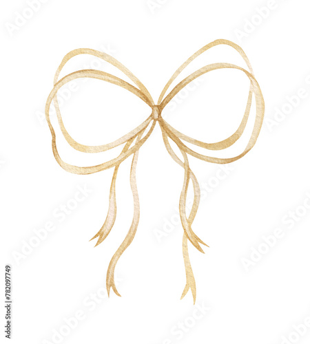 Watercolor gold bow isolated on white background. hand drawn illustration. Holiday, greeting decoration and design. Gold satin ribbon.