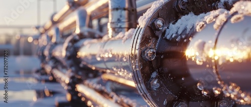 A side perspective of an icy pipeline adorned with fresh snowflakes, reflecting the warm sunset light against an industrial silhouette. © Artsaba Family