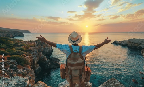 A traveler with arms outstretched overlooking the sea at sunset, back view. Man wearing hat and backpack and enjoying vacation on summer holiday by seaside © Huong
