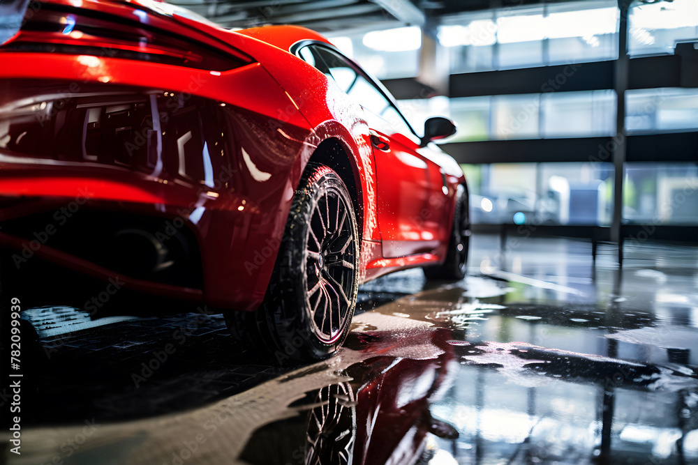 High-end detailing: Gleaming red sports car in car wash with soap suds