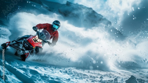 Dynamic snowmobile action in a winter landscape, showcasing a rider carving through deep snow with a spray of powder. photo