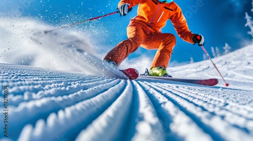 Dynamic low-angle shot of a skier in orange attire carving a turn with precision on a groomed ski slope, with fresh snow spraying around. photo