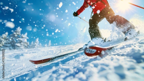 Close-up action shot of a skier in red gliding through fresh powder snow on a sunny day, with a clear blue sky and winter trees in the background.