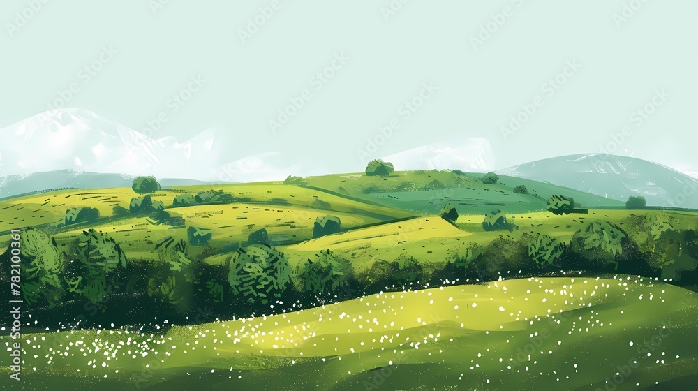Fototapeta premium Spring green rural fields flat illustration poster background