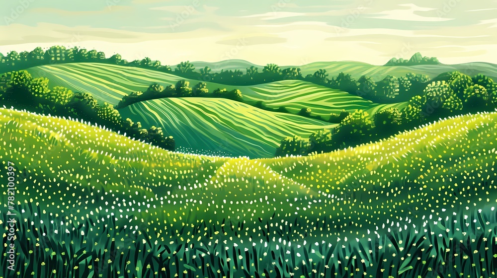 Spring green rural fields flat illustration poster background - obrazy, fototapety, plakaty 