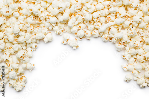 Flat lay composition with popcorn border and copy space on white background.