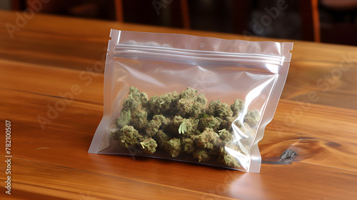 Packaged cannabis buds in a clear ziplock bag: A detailed close-up of store-bought marijuana photo