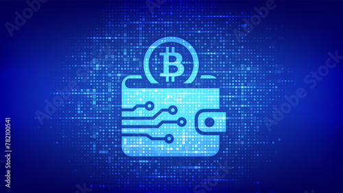 Crypto Wallet icon with Bitcoin made with binary code. Digital Cryptocurrency wallet. Mobile banking, online finance, blockchain banner. Binary code background with digits 1.0. Vector Illustration.