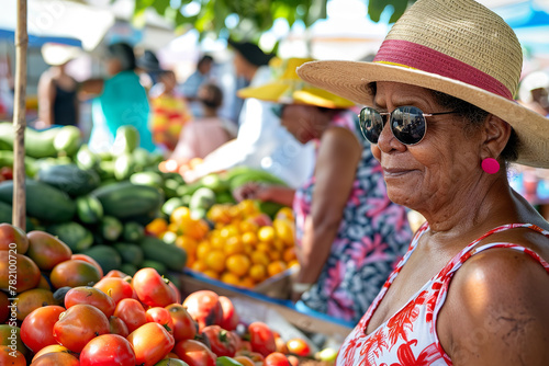 Marketgoers armed with sunhats and sunglasses pick summer's bounty - their choices a strategy against the heat photo