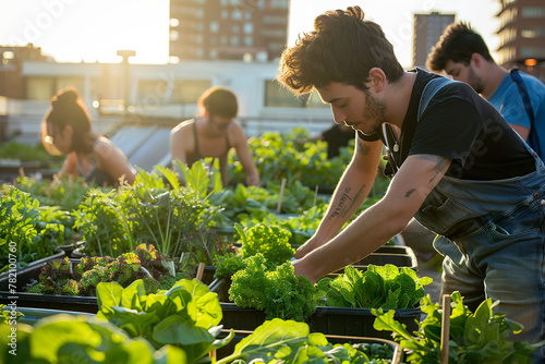 Urban gardeners evade the midday heat by tending to rooftop vegetable patches in the early hours photo