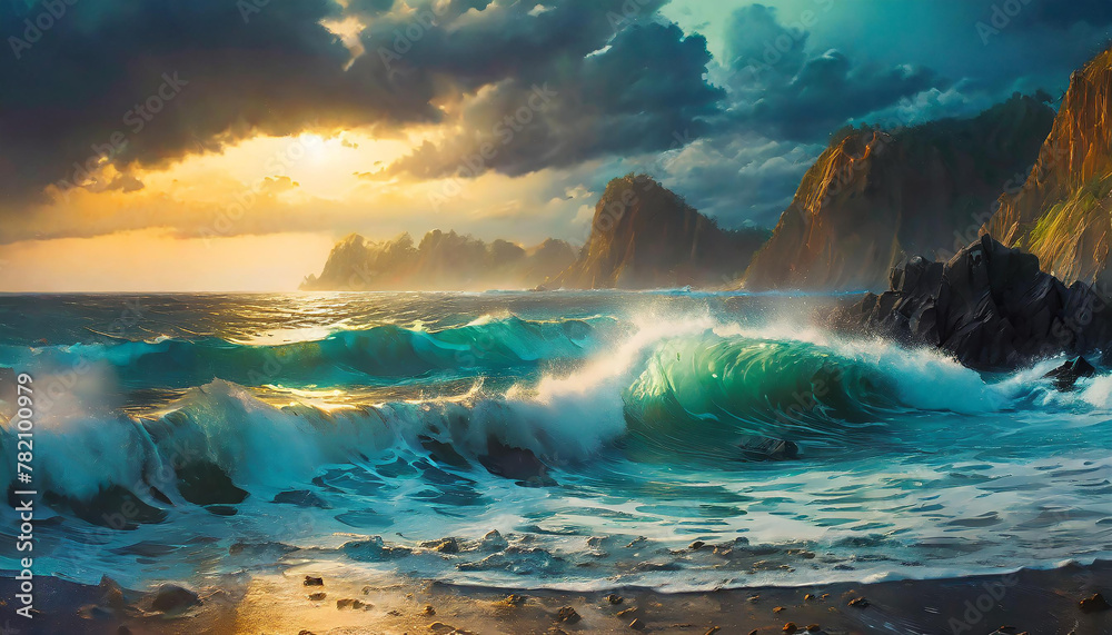 Dramatic seascape with waves, cliffs, and a sunset through stormy clouds. Generative Ai