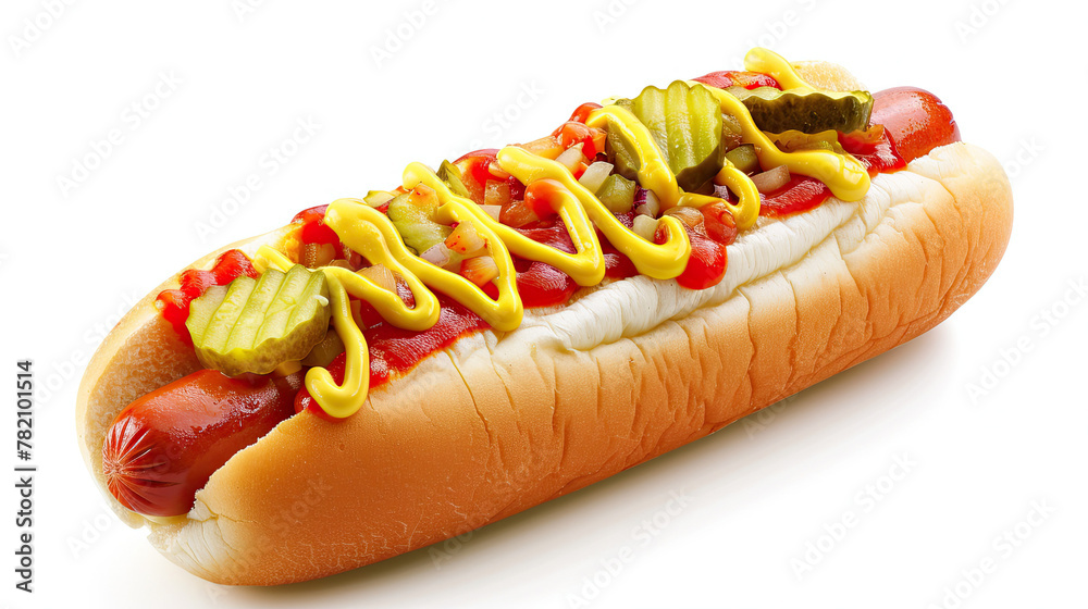 Delicious hot dog with mustard, ketchup and pickles, isolated on white background Delicious hot dog with mustard, ketchup and pickles, isolated on white background