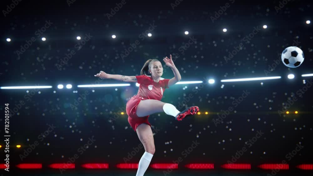 Aesthetic Super Slow Motion Shot Of Female Soccer Football Player Jumping And Kicking Ball on Black Background Under Spotlight. Professional Sports Woman Scoring A Winning Goal in Championship.
