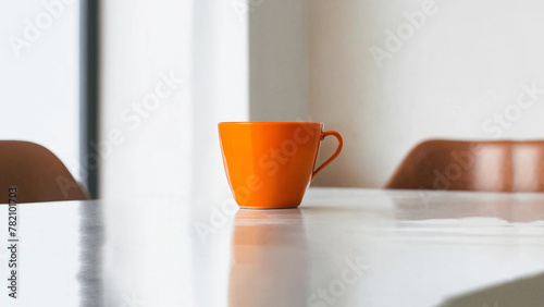 orange cup of coffee or tea on a white table in a white room  interior  minimalism  copy space  banner
