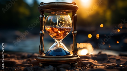 Time concept. Old hourglass with flowing sand on blurred background. Selective focus