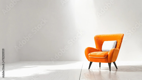orange chair on white background, interior, minimalism, copy space, banner