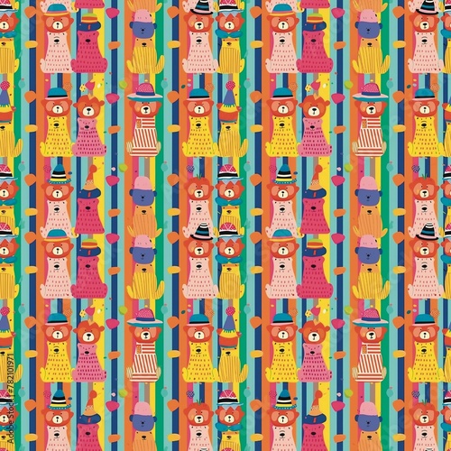 Seamless fabric pattern  stripes  bright colors with many little bears wearing hats and clothes. Bright colors add elegance and vitality to textiles  designs  fashion  backgrounds 