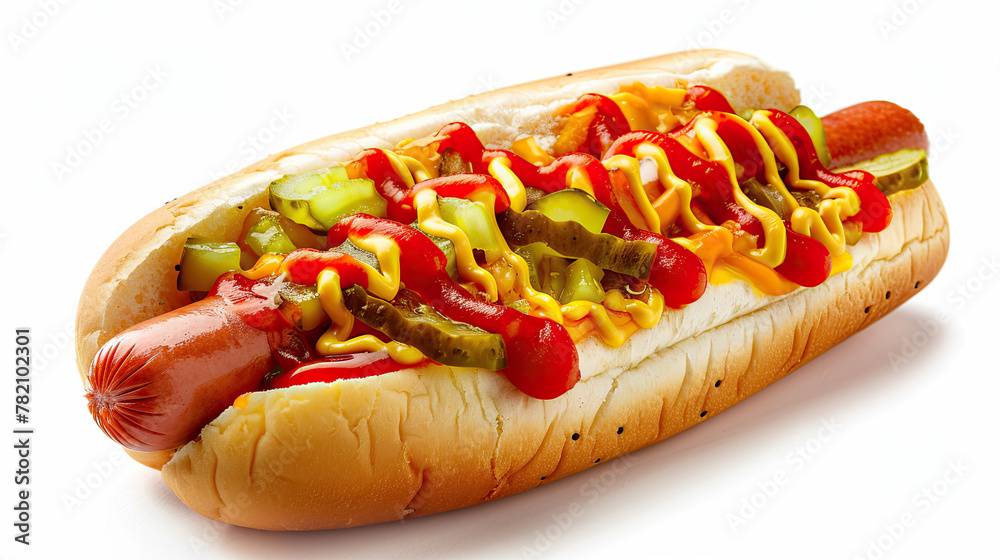 Delicious hot dog with mustard, ketchup and pickles, isolated on white background Delicious hot dog with mustard, ketchup and pickles, isolated on white background