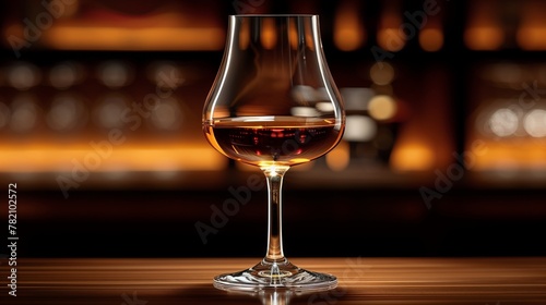 A wine glass filled with cognac rests on a wooden table