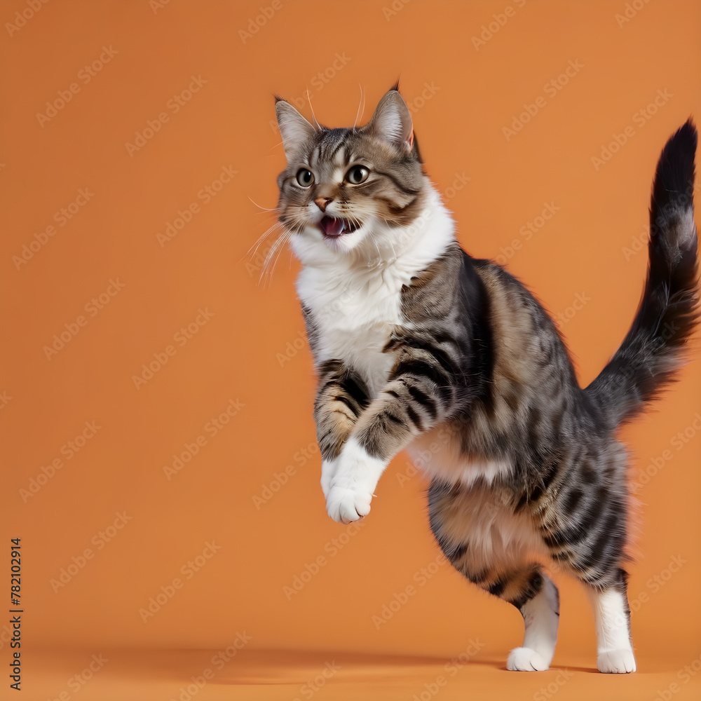 a cat in motion on an orange background. a postcard, a text space. for the banner