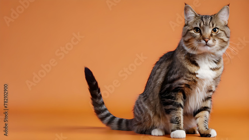 a cat in motion on an orange background. a postcard, a text space. for the banner