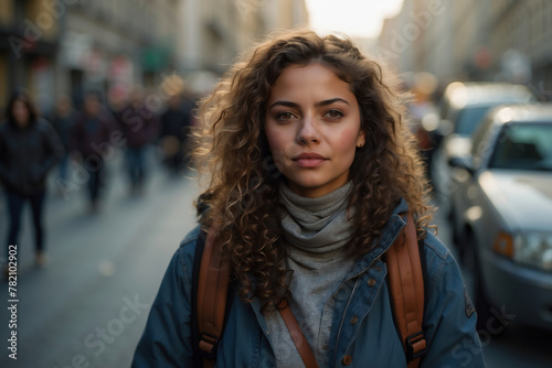 Junge Frau mit lockigen Haaren blickt selbstsicher auf belebter Stadtstraße in goldenem Abendlicht