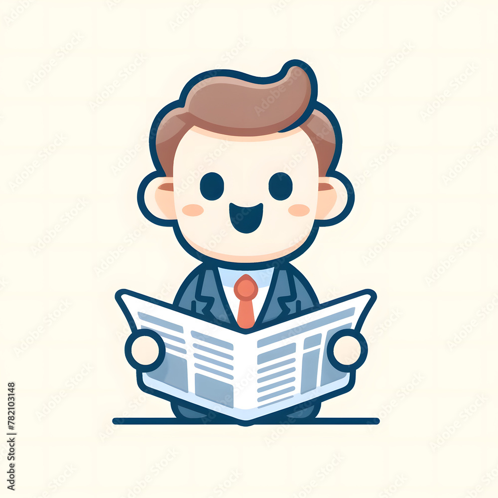 a cheerful businessman or office worker, portrayed with a large head and a small body, reading a newspaper.