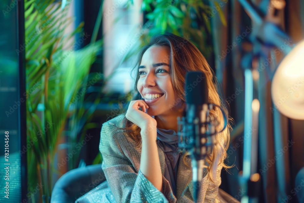 Fototapeta premium Guest Grin: Smiling on Podcast, Sitting, and Answering Questions