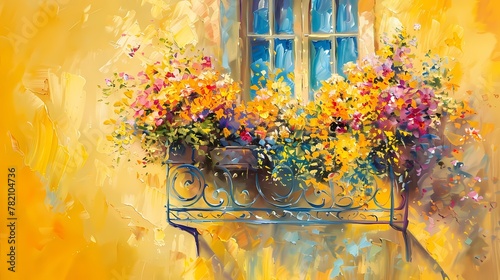 Watercolor autumn flowers balcony oil painting illustration poster background photo