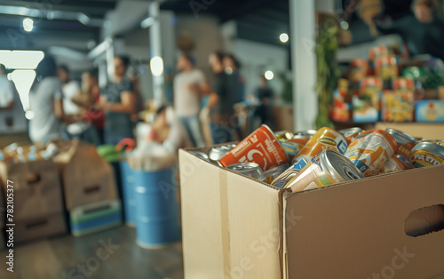 Cardboard Box Filled With Canned Goods and Nonperishable Food - Emergency Food Stock, Humanitarian Aid, SNAP Assistance Program. photo