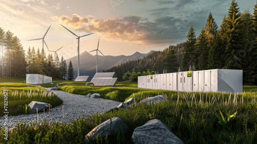 Advanced battery energy storage system complements wind turbines and solar panels for a sustainable energy solution. © Wararat