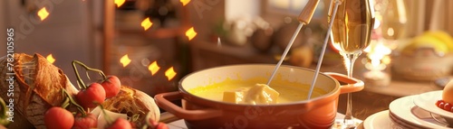 The warm yellows of a cheese fondue pot beckon, offering a dip into richness, where bread and vegetables become vehicles of vibrant joy hyper realistic