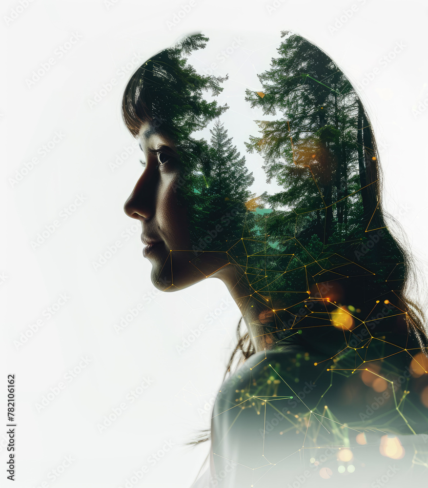 A double exposure portrait blending a woman's profile with a misty forest