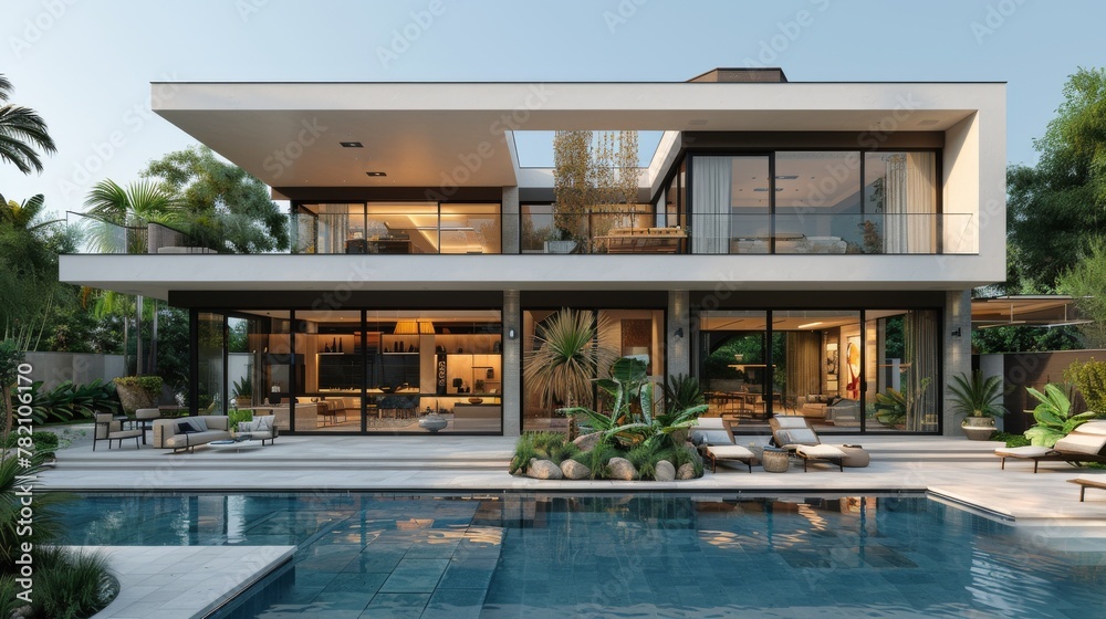 Fototapeta premium Modern home with swimming pool white background