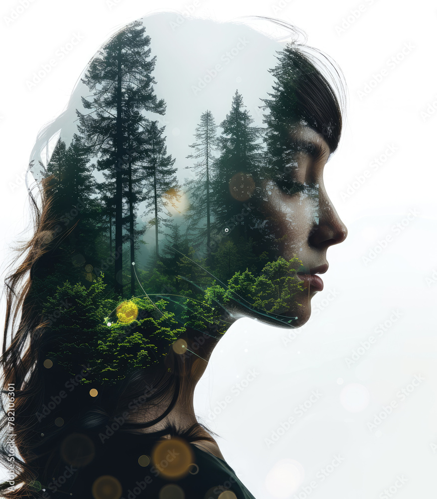 A double exposure portrait blending a woman's profile with a misty forest