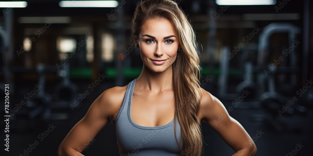 Fit sporty woman girl female athlete at gym background in good shape and sport outfit. Portrait face with