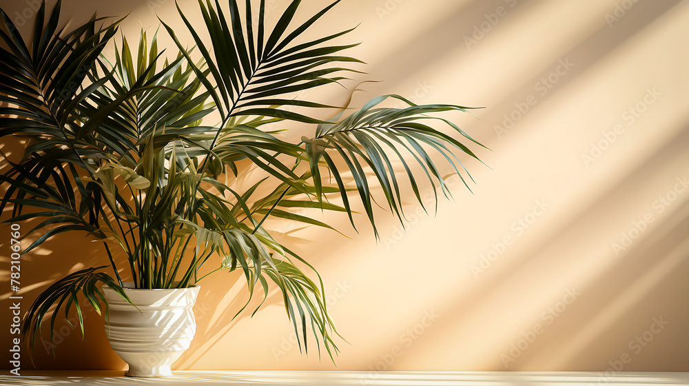 Palm Leaves on Light Cream Wall Serene Botanical Background for Summer, Generative Ai