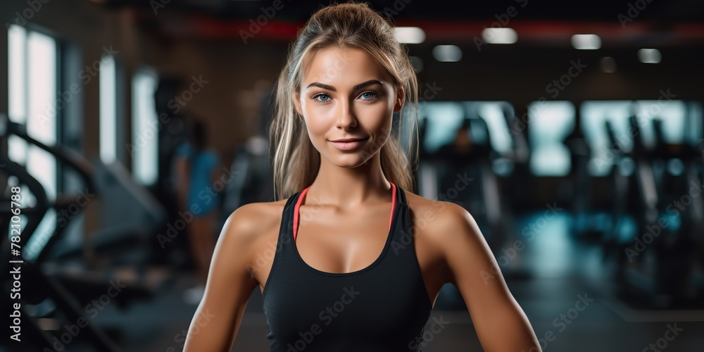 Fototapeta premium Fit sporty woman girl female athlete at gym background in good shape and sport outfit. Portrait face with
