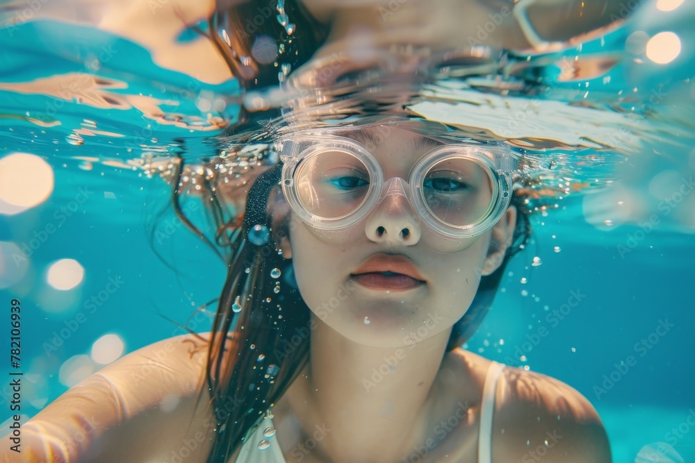 A teenage girl swimming underwater in the swimming pool. Beautiful ...